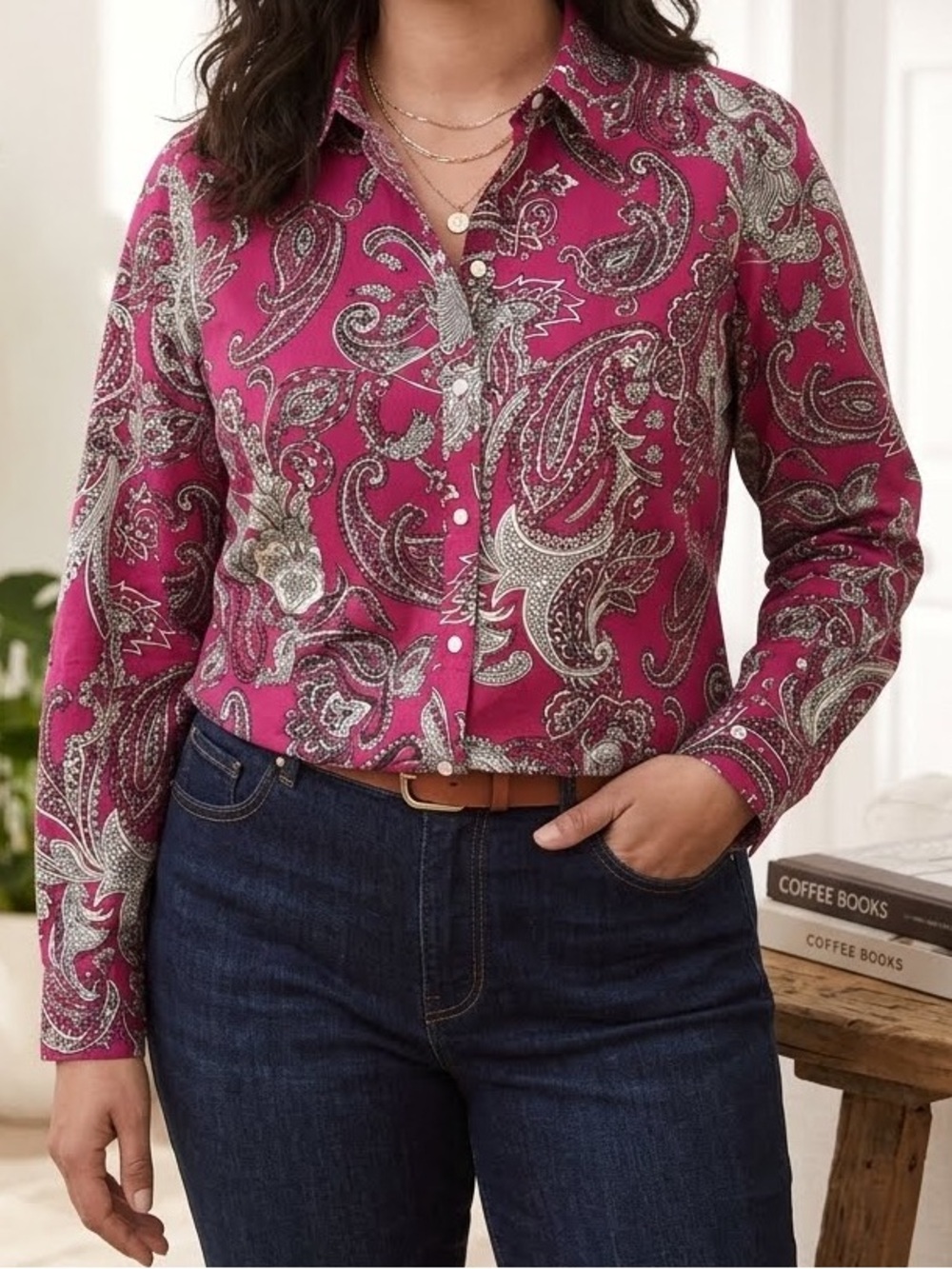 Talbots Haberdashery Button-Up Shirt Paisley fuscia black white office casual 14